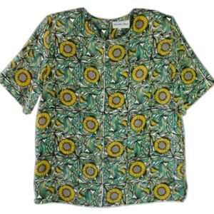 Vtg Heritage Road Womens Top Size M Green Sunflower Print Colorful Retro Blouse